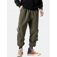 Mens Letter Print Push Buckle Pocket Cotton Drawstring Cuffed Cargo Jogger Pants