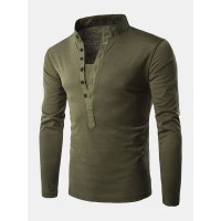 Men Henley Collar Solid Color Long Sleeve Leisure T  Shirts