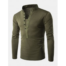 Men Henley Collar Solid Color Long Sleeve Leisure T  Shirts