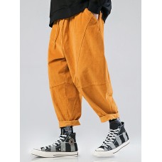 Mens Solid Color Corduroy Multi Pocket Loose Drawstring Pants